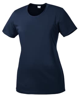 A navy blue ladies' t-shirt with short sleeves, featuring a logo on the front.
