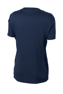 A navy blue ladies' t-shirt with a crew neckline and short sleeves, featuring a branding logo.