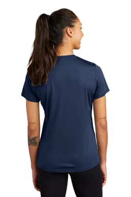 A navy blue women's t-shirt featuring a back view with short sleeves and a fitted design, displaying a brand logo.