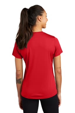 A back view of a red Sport-Tek Ladies PosiCharge Competitor Tee, featuring short sleeves and a logo.