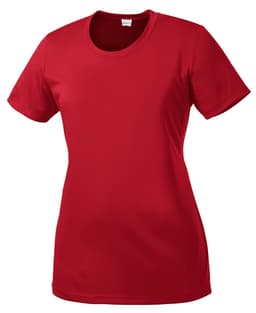 A red ladies' t-shirt with a round neckline and short sleeves, featuring a logo.