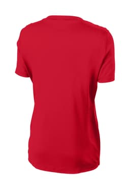 A red ladies' t-shirt featuring a simple design and a logo on the back. Ideal for casual wear.