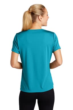 A teal Sport-Tek Ladies PosiCharge Competitor Tee, featuring a sleek design and a logo on the back.