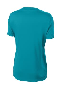 A teal ladies' short-sleeve t-shirt with a smooth, solid design and a logo on the back.