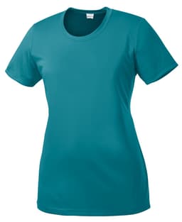 A teal ladies' t-shirt with a round neck and short sleeves, featuring a logo on the front.