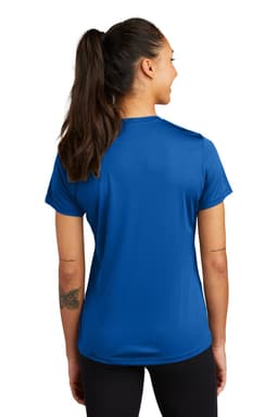 A blue Sport-Tek Ladies PosiCharge Competitor Tee featuring a back view of the shirt and a visible logo.