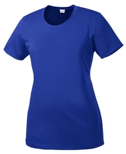 A blue ladies' t-shirt with short sleeves and a round neck, featuring a logo.