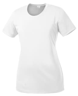 A white ladies' short-sleeve t-shirt made of moisture-wicking fabric, featuring a logo.