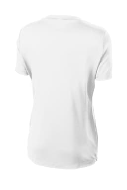 A white t-shirt featuring a standard crew neck and short sleeves, with a logo on the back.