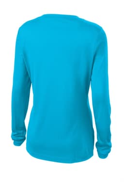 A long sleeve turquoise V-neck tee for ladies, featuring a logo on the back.