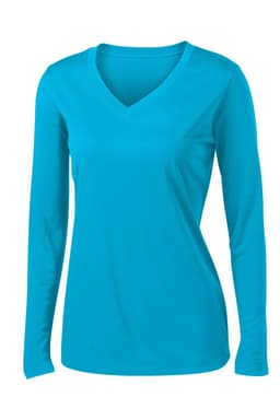 A long sleeve v-neck tee in bright turquoise, featuring a fitted style and a logo. Ideal for casual wear.