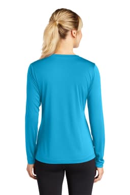 A woman wearing a turquoise long sleeve V-neck tee, viewed from the back. The shirt has a logo on it.