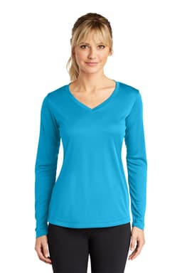 A women's long sleeve V-neck tee in bright blue, featuring a fitted design and long sleeves. Includes a logo.