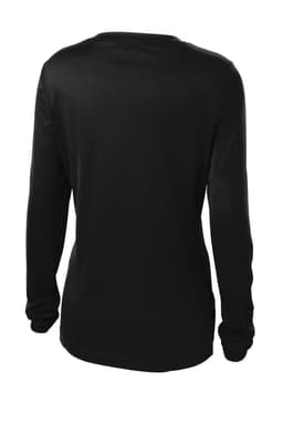 A black long sleeve V-neck tee featuring a fitted design and a branding logo.