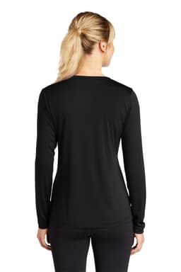 A black long sleeve v-neck t-shirt designed for ladies, featuring a fitted style and a logo.