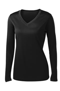 A black long sleeve v-neck tee for ladies, featuring a fitted design and a logo on the garment.