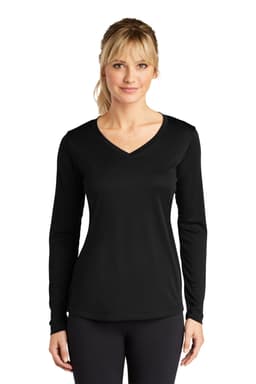A black ladies' long sleeve V-neck tee, featuring a fitted style and long sleeves, with a logo on the garment.