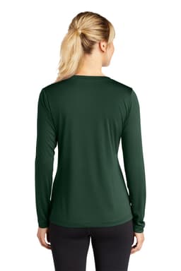 A green long sleeve athletic tee with a V-neck, featuring a fitted design and a logo on the back.