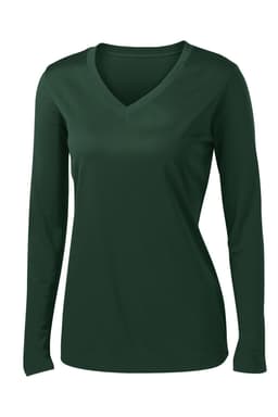 A long sleeve v-neck tee in dark green, featuring a fitted design and a subtle logo.
