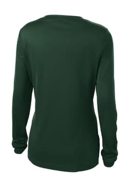 A long sleeve, v-neck t-shirt in dark green, featuring a logo. The back is plain and fitted.