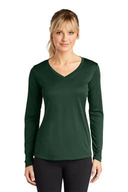 A green long sleeve V-neck tee designed for women, featuring a fitted silhouette and a logo on the garment.