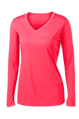 A long sleeve, v-neck tee in bright pink, featuring a sleek design and a branding logo.