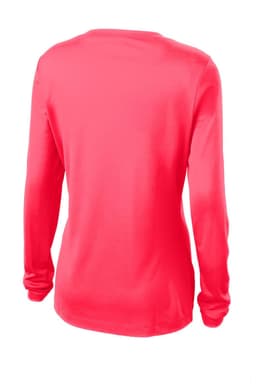 A ladies long sleeve V-neck tee in bright pink, featuring a smooth fabric and a simple design with a logo.