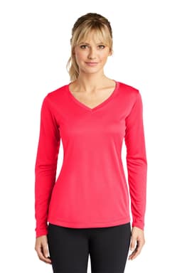 A long sleeve, v-neck T-shirt in bright pink, featuring a logo on the front.