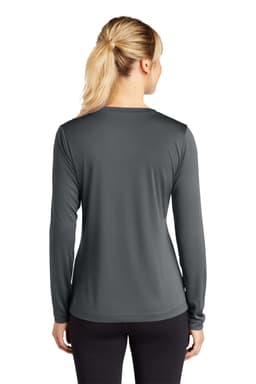 A women’s long sleeve V-neck tee in dark grey, featuring a smooth, fitted design and a logo on the back.
