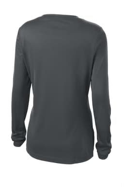 A grey long sleeve v-neck tee with a soft, smooth finish, featuring an unembellished back and a fitted silhouette.