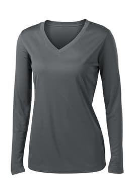 A long sleeve, v-neck tee in a dark grey colour with a fitted design and a logo on it.