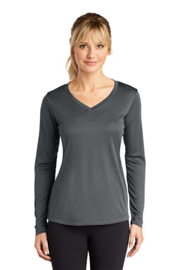 A woman is wearing a dark grey long sleeve V-neck t-shirt with a fitted design and a logo.