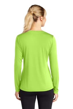 A long sleeve, v-neck tee in bright green, featuring a logo, viewed from the back.