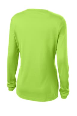 A long sleeve v-neck tee in bright lime green, featuring a simple design and a logo on the back.