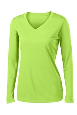 A long sleeve, v-neck tee in vibrant lime green with a logo on the chest. Suitable for women's wear.
