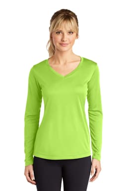 A long sleeve, v-neck women's tee in bright lime green with a logo. Suitable for activewear or casual use.