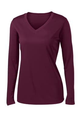 A maroon long sleeve V-neck tee with a fitted style and branding.
