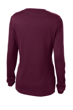 A maroon long sleeve V-neck tee with a simple design and a logo on the back.
