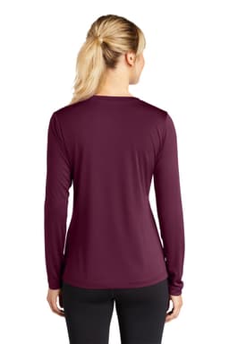 A back view of a burgundy long sleeve v-neck tee for women, featuring a smooth fabric and a logo.
