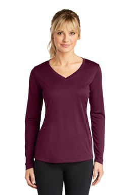 A long sleeve, v-neck tee in a rich burgundy colour, featuring a fitted style and a logo.