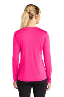 A bright pink long sleeve women's t-shirt with a v-neck and a logo on the back.