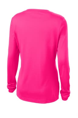 A bright pink long sleeve women's V-neck tee with a smooth texture and a back view. It features a logo.