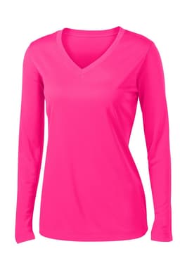 A bright pink long sleeve V-neck tee with a fitted design, featuring a logo on the front.