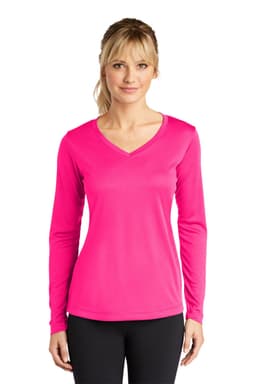 A pink long sleeve V-neck tee featuring a fitted design and a logo on the chest.