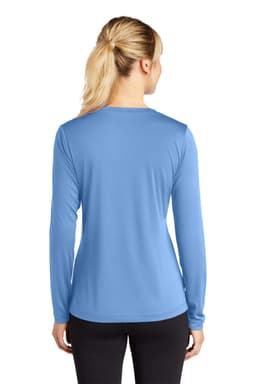 A back view of a blue long sleeve V-neck tee, styled for women, featuring a logo on the back.