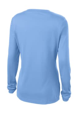 A light blue long sleeve v-neck tee with a simple design and a logo on the back.