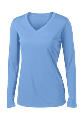 A light blue long sleeve v-neck tee with a fitted design and a logo on the chest.
