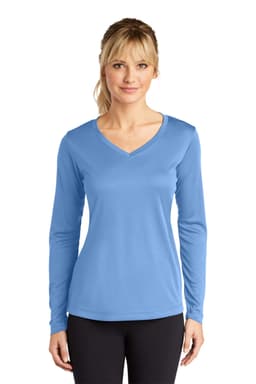 A blue long sleeve v-neck tee for ladies, featuring a fitted design and a logo. Ideal for casual wear.