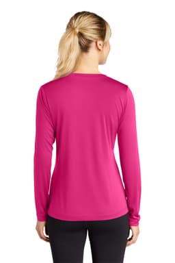 A long sleeve, v-neck t-shirt in vibrant pink with a smooth fabric and a branding logo on the back.