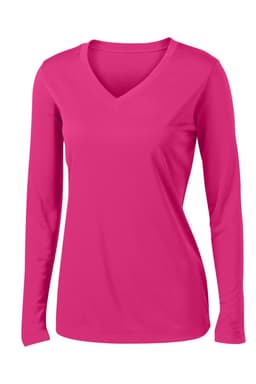 A pink long sleeve PosiCharge v-neck tee for ladies, featuring a fitted design and a logo on the fabric.